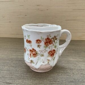Vintage Porcelain Mustache Tea Cup Mug with Pink & Orange Floral Gold Design